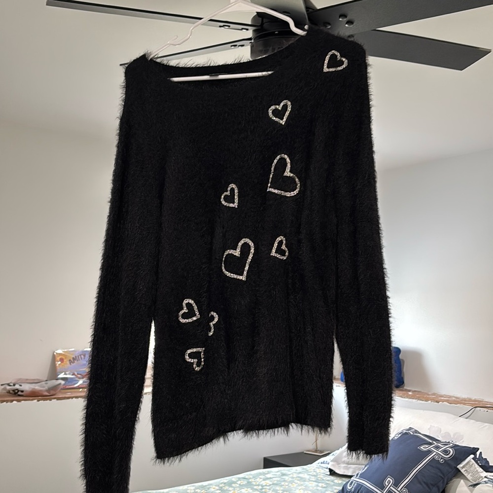 INC International Concepts Black Sweater with Heart Accents